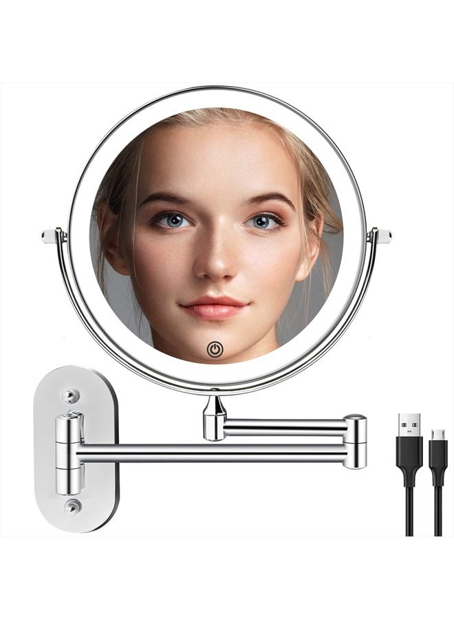 Famihomii Wall Mounted Lighted Makeup Vanity Mirror 8 inch 1X/10X Magnifying Bathroom Mirror with 3 Color Lights, Double Sided with Dimmable LED Lights, Extended Arm 360° Swivel Shaving Light up Mirror - Image 1