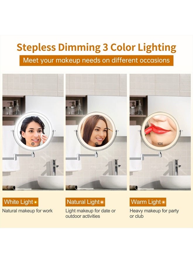 Famihomii Wall Mounted Lighted Makeup Vanity Mirror 8 inch 1X/10X Magnifying Bathroom Mirror with 3 Color Lights, Double Sided with Dimmable LED Lights, Extended Arm 360° Swivel Shaving Light up Mirror - Image 4