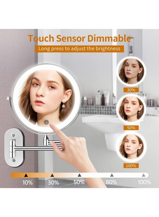 Famihomii Wall Mounted Lighted Makeup Vanity Mirror 8 inch 1X/10X Magnifying Bathroom Mirror with 3 Color Lights, Double Sided with Dimmable LED Lights, Extended Arm 360° Swivel Shaving Light up Mirror - Image 5