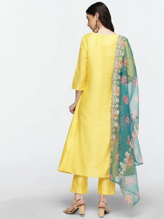ISHIN Women'S Yellow Polyester Blend Embellished Tunic Full Length Pleat Front Straight Fit Kurta Set