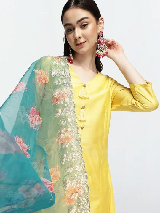 ISHIN Women'S Yellow Polyester Blend Embellished Tunic Full Length Pleat Front Straight Fit Kurta Set