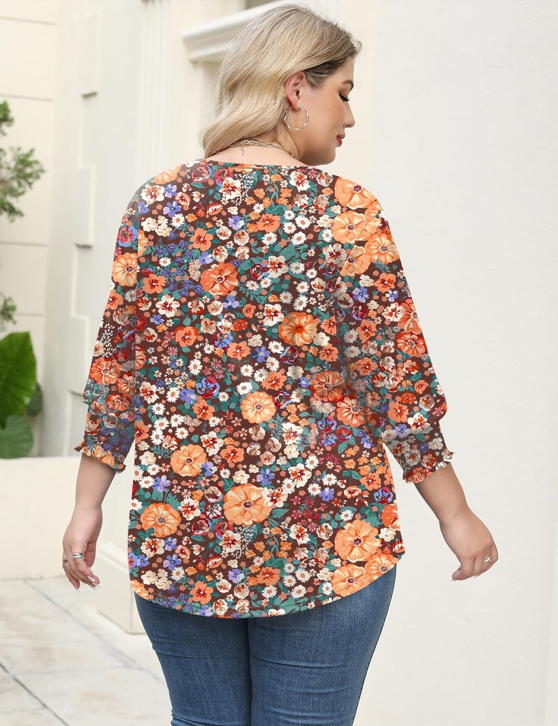 Rapbin Plus Size Shirts for Curvy Women 3/4 Sleeve Ruffle Cuffs Basic T Shirts Causal Soft Flowy Tunic to Hide Tummy (Black Orange Floral 2XL) - Image 4