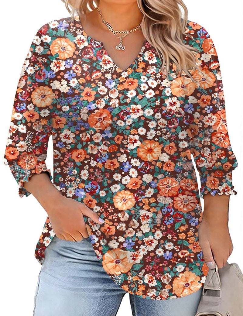 Rapbin Plus Size Shirts for Curvy Women 3/4 Sleeve Ruffle Cuffs Basic T Shirts Causal Soft Flowy Tunic to Hide Tummy (Black Orange Floral 2XL) - Image 1