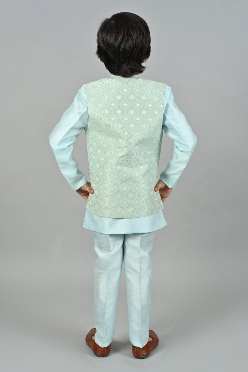 AHHAAAA Kids Indian Ethnic Velvet Solid Waistcoat Silk Kurta Pyjama Set Bollywood Style Wedding Ethnic for Boys (Turquoise, 6-7 Years) - Image 3