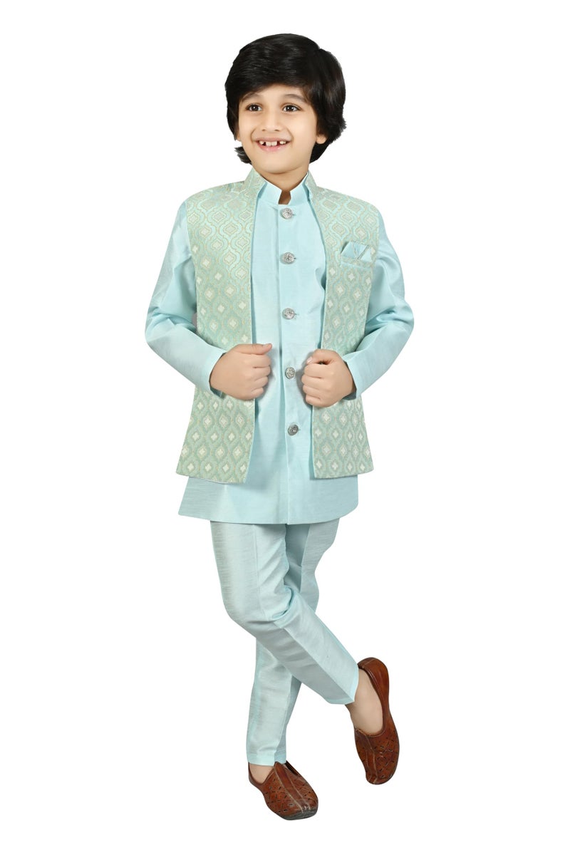 AHHAAAA Kids Indian Ethnic Velvet Solid Waistcoat Silk Kurta Pyjama Set Bollywood Style Wedding Ethnic for Boys (Turquoise, 6-7 Years) - Image 1