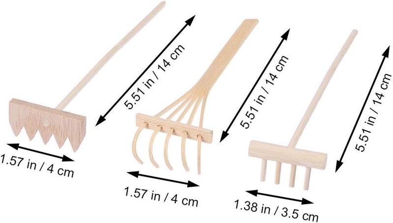 كلاراكو مجموعة أدوات حديقة زين صغيرة من كلاركو مصنوعة من الخيزران مع مجرفة رمل وحجارة ودفع وقلم رسم وإكسسوارات ديكور سطح المكتب، 3 قطع - Image 2