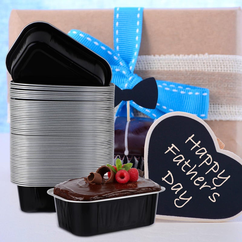 Vesici 100 Sets Valentines Mini Loaf Pans with Lids, 5.7 oz Disposable Aluminum Foil Baking Cups, Rectangle Cake Pans for Pudding Desserts Muffin Baking Storage Valentines Birthday Party(Black Silver) - Image 4
