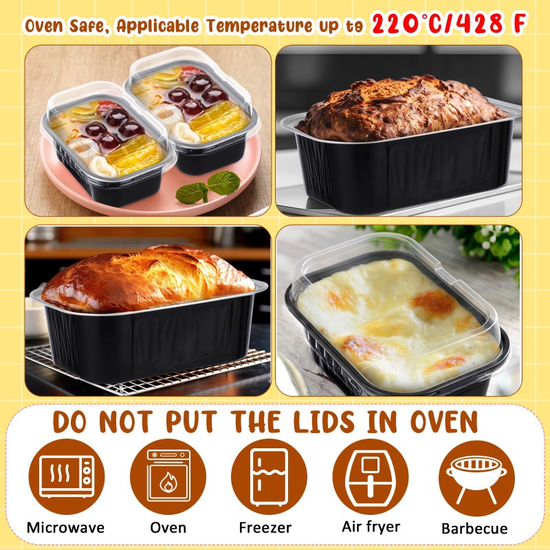 Vesici 100 Sets Valentines Mini Loaf Pans with Lids, 5.7 oz Disposable Aluminum Foil Baking Cups, Rectangle Cake Pans for Pudding Desserts Muffin Baking Storage Valentines Birthday Party(Black Silver) - Image 3