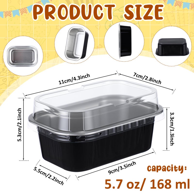 Vesici 100 Sets Valentines Mini Loaf Pans with Lids, 5.7 oz Disposable Aluminum Foil Baking Cups, Rectangle Cake Pans for Pudding Desserts Muffin Baking Storage Valentines Birthday Party(Black Silver) - Image 2
