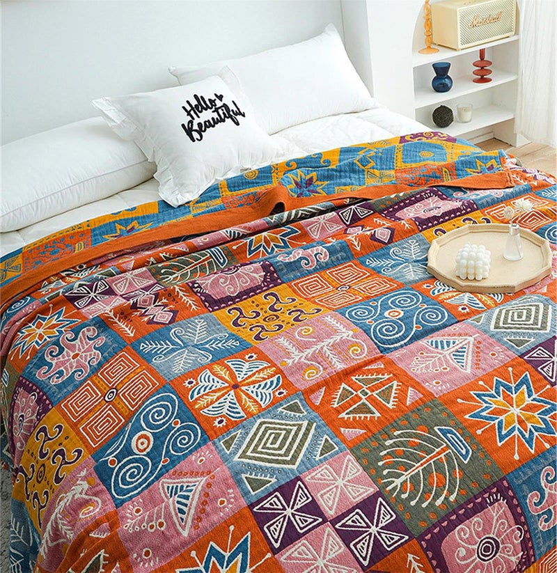 MSGKV Spring Cotton Throw Boho Blanket for Couch Bed, 60''x80'' Muslin Brathable Lightweight Travel Decor Blanket for Bedroom - Image 1