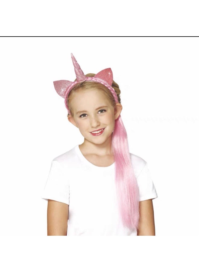 Generic Christmas Halloween Womens Dance Cosplay Princess Cute Unicorn Colorful Rainbow Tail Childrens Wig Pre-Lace Hair Cover Pink Braid Unicorn