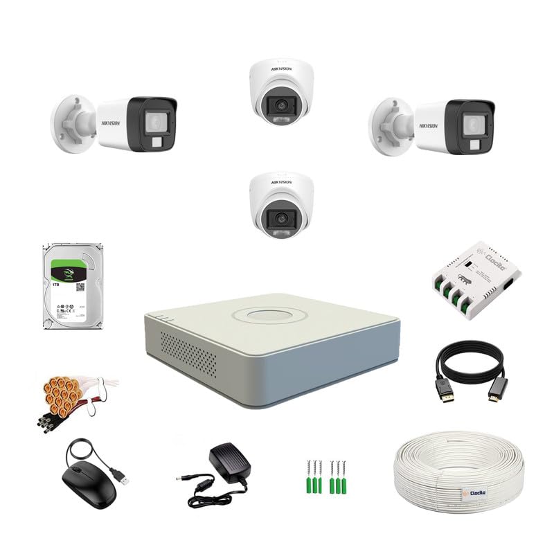 Clocite HIKVISION Full HD 4 Channel DVR 2 MP 2 Dome 2 Bullet Cameras Color Night Vision Builtin Audio MIC Smart Dual Light Motion Detection 1 TB HDD CLOCITE 4 CH SMPS CCTV Cable BNC DC - Image 1