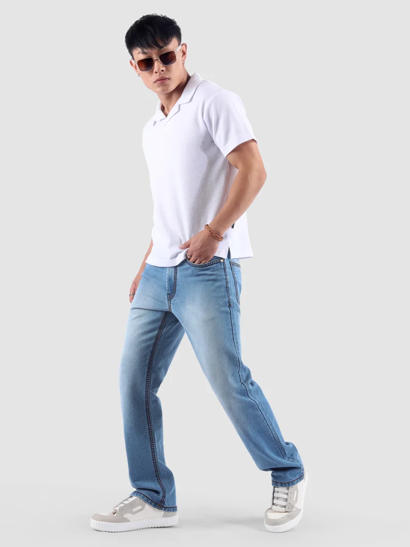 Beyoung Soft Blue Saddle Stitch Bootcut Jeans