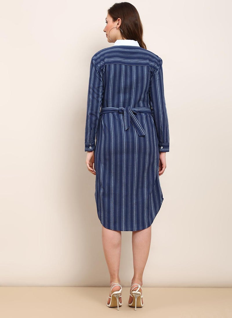 Globus Women Dark Blue Striped Curved Hem Formal Dress with Shirt Collar and Back Tie Up Detail - Image 4