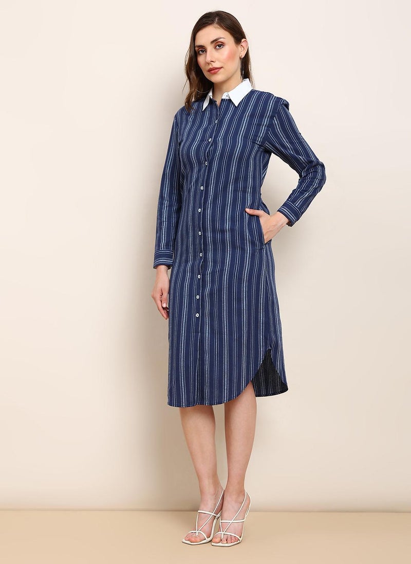 Globus Women Dark Blue Striped Curved Hem Formal Dress with Shirt Collar and Back Tie Up Detail - Image 3