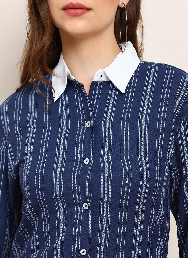 Globus Women Dark Blue Striped Curved Hem Formal Dress with Shirt Collar and Back Tie Up Detail - Image 5