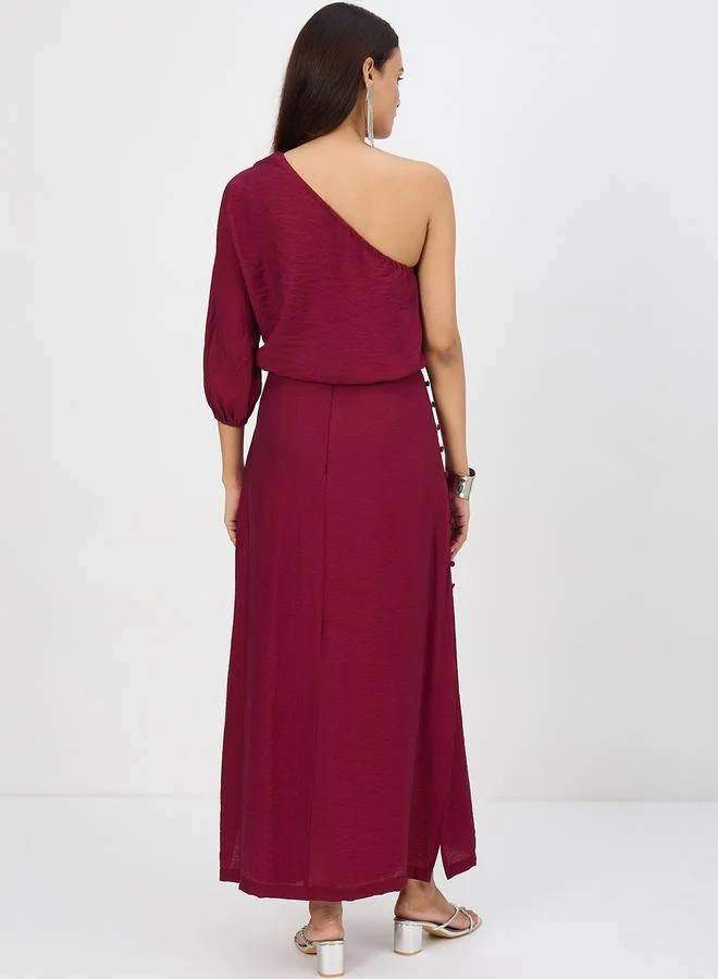 Femmella Women Maroon One Shoulder Top with Skirt Co-Ords