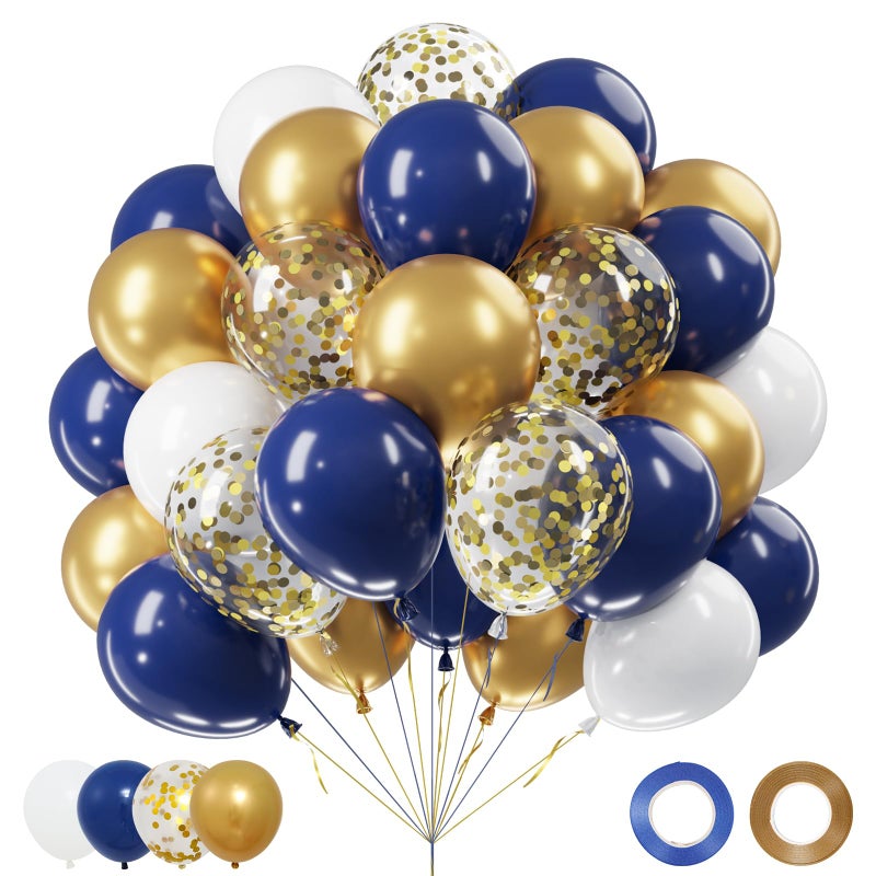 Netnology Navy Blue Gold Balloons Set, 60Pcs 12 Inch Navy Blue White Metallic Gold and Gold Confetti Latex Balloon for Birthday Baby Shower Bridal Shower Wedding Graduation Party Decorations - Image 1