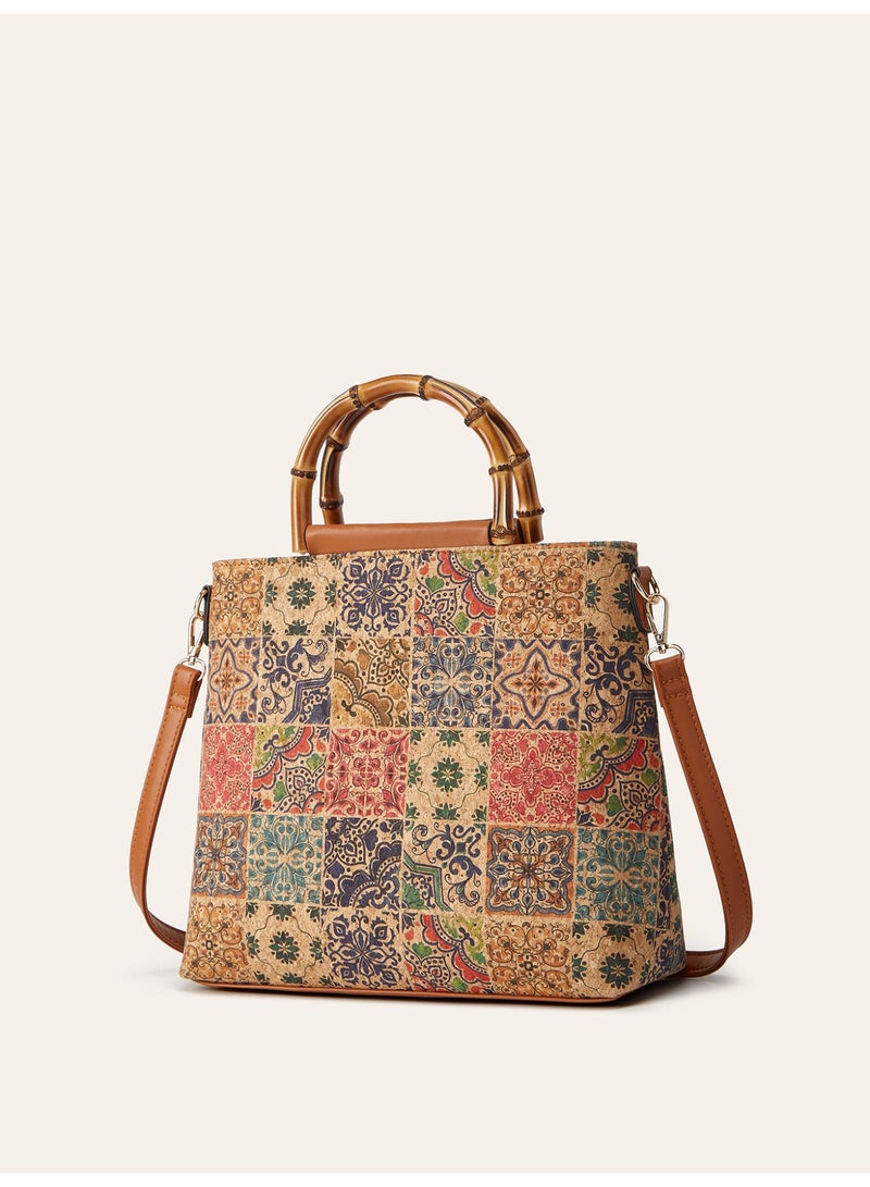 Women Vintage Ethnic Cork Print Bamboo Handle Vertical Tote Bag, Large Capacity Elegant Handbag - Image 3