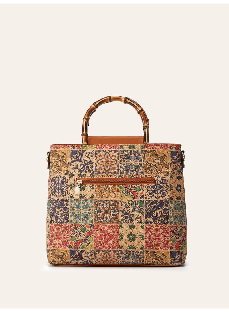 Women Vintage Ethnic Cork Print Bamboo Handle Vertical Tote Bag, Large Capacity Elegant Handbag - Image 2