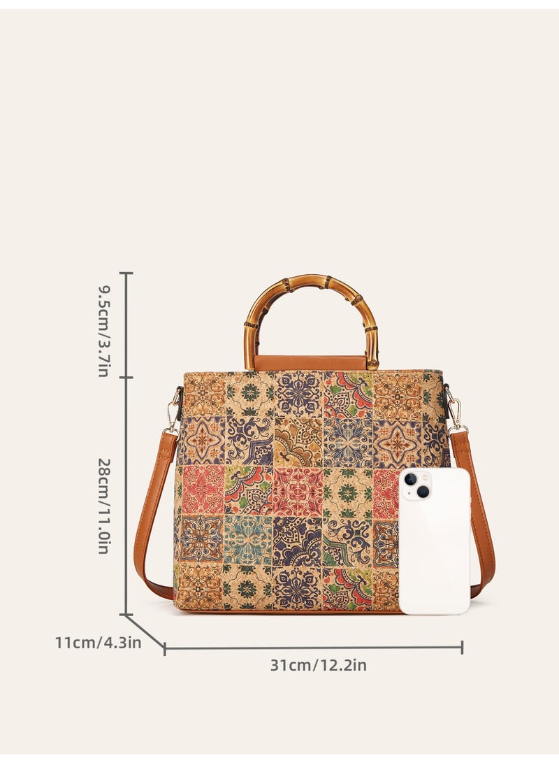 Women Vintage Ethnic Cork Print Bamboo Handle Vertical Tote Bag, Large Capacity Elegant Handbag - Image 4