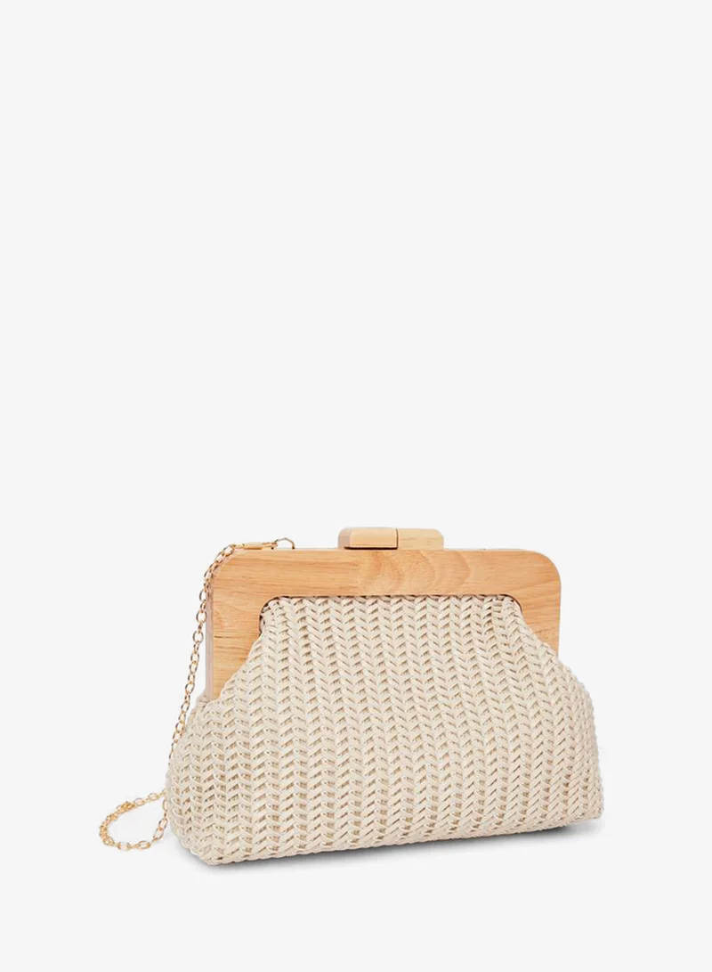 Styli Beige Woven Clutch with Wooden Frame