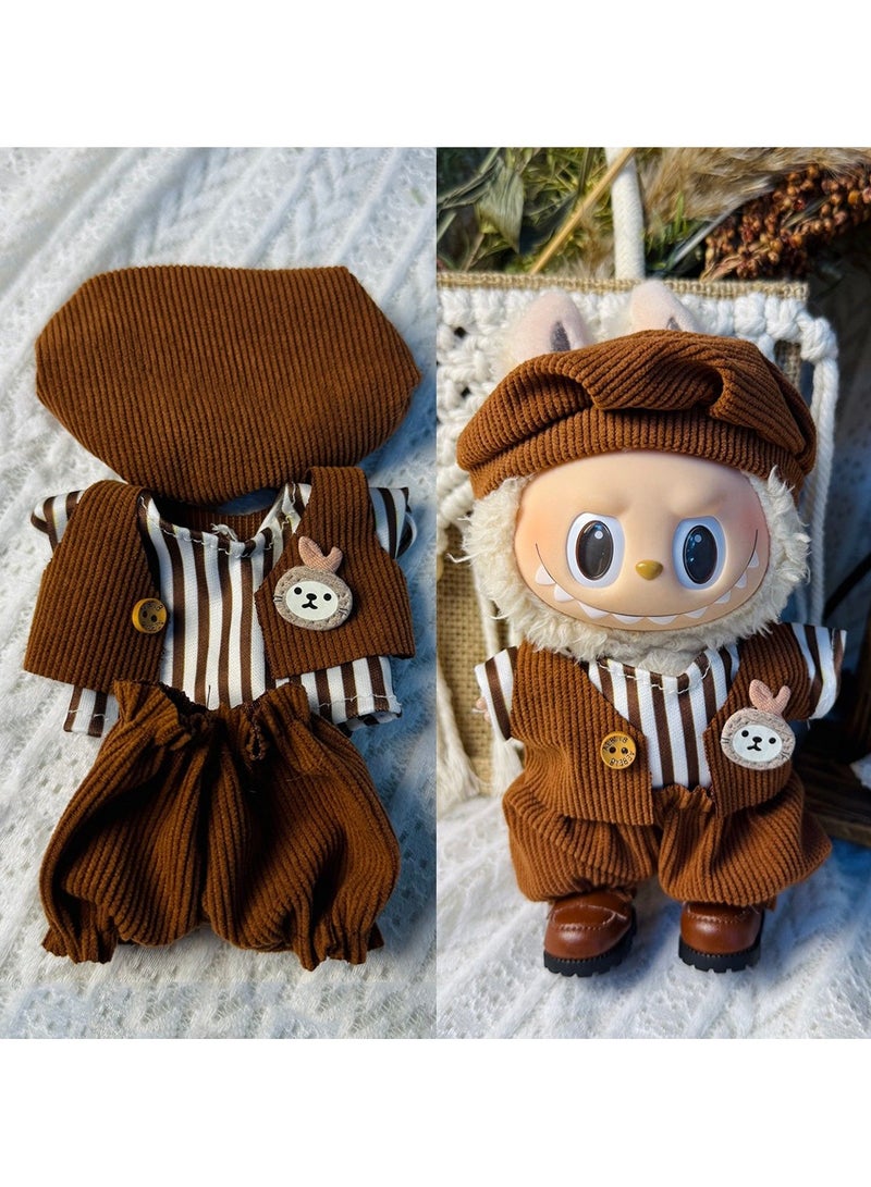 LABUBU Labubu Earth Tone Tailored Set for 17cm Doll - Brown Waistcoat & Trousers + Striped Shirt & Cap (Doll/Shoes Not Included) 