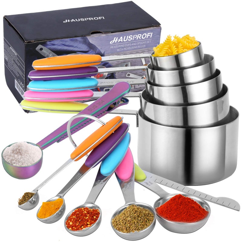 HAUSPROFI Stainless Steel Measuring Cup and Spoon with Measuring Ruler, 5 Measuring Cups, 5 Measuring Spoons, 1 Measuring Ruler (Straightener), 1 Scop with Clip, with Silicone Handle for Kitchen, - Image 1