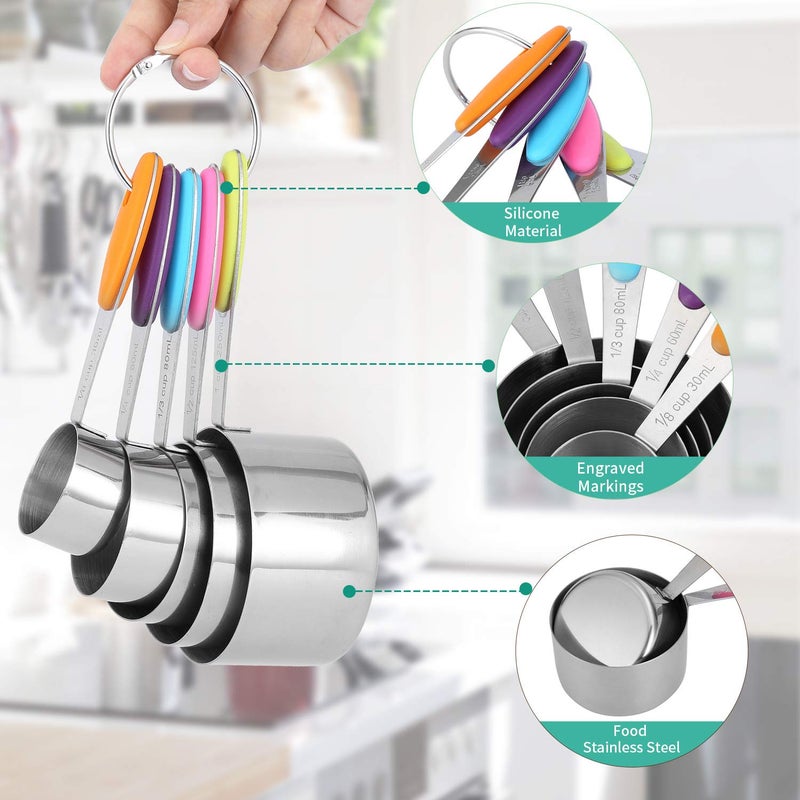 HAUSPROFI Stainless Steel Measuring Cup and Spoon with Measuring Ruler, 5 Measuring Cups, 5 Measuring Spoons, 1 Measuring Ruler (Straightener), 1 Scop with Clip, with Silicone Handle for Kitchen, - Image 2