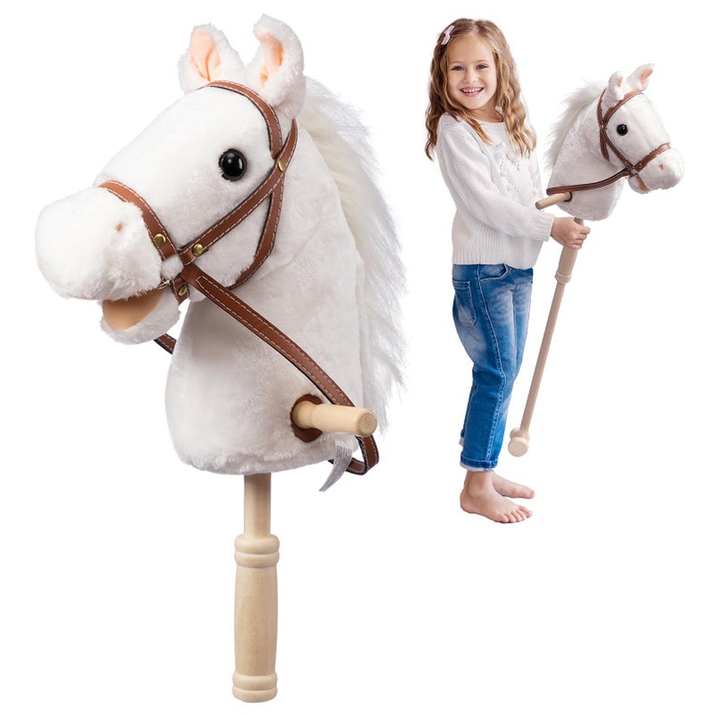 HollyHOME HollyHOME Stick Horse Plush Handcrafted Hobby Horse on a Stick with Wood Wheels Real Pony Neighing and Galloping Sounds for Kids Toddlers White 36 InchesAA Batteries Required 