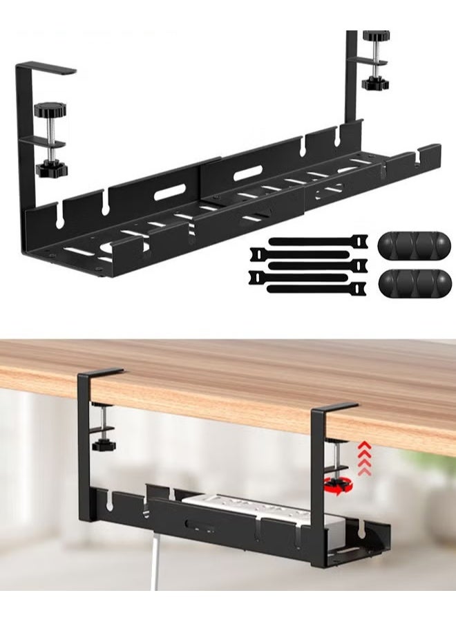 EETU Under Desk Cable Management Tray Black, No Drill Cable Management Organizer Under Desk,Retractable Cable Tray With Clamp For Desk Wire Management,Desk PC Cord Organizer Accessories For Home Office - Image 1