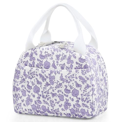 TESAFNG Lunch Bag Insulated Lunch Box for Women Reusable Large Capacity Cooler Bag for Adult Small Leakproof Cute Corduroy Lunch Tote for Work Office Travel Picnic Corduroy PurpleFlower - Image 1