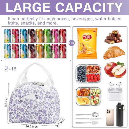 TESAFNG Lunch Bag Insulated Lunch Box for Women Reusable Large Capacity Cooler Bag for Adult Small Leakproof Cute Corduroy Lunch Tote for Work Office Travel Picnic Corduroy PurpleFlower - Image 3
