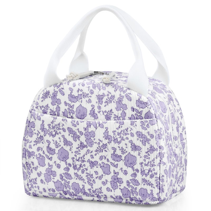 TESAFNG Lunch Bag Insulated Lunch Box for Women Reusable Large Capacity Cooler Bag for Adult Small Leakproof Cute Corduroy Lunch Tote for Work Office Travel Picnic Corduroy PurpleFlower - Image 2
