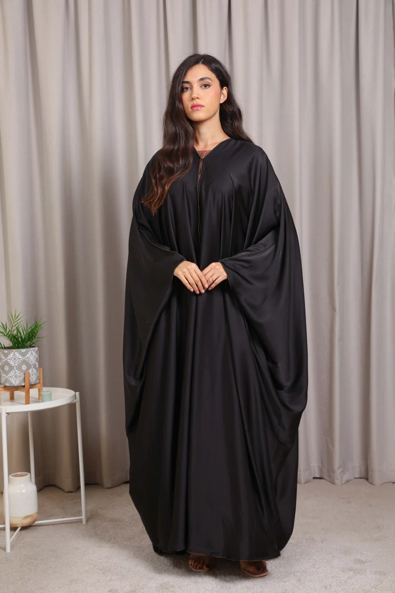 Nikias Nikias Satin Bahraini Abaya with Elegant Copper Lace Detail