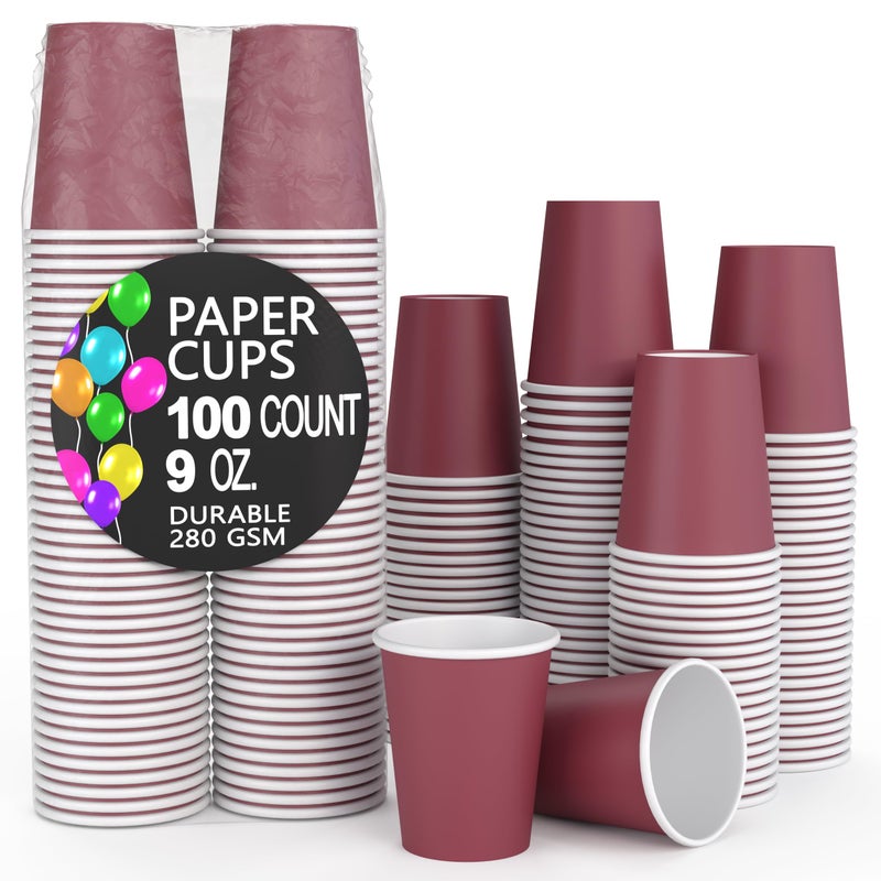 Exquisite Burgundy Paper Cups - 9 oz Disposable Coffee Cups 100 Paper Cups for Hot Drinks/Cold Cups - Durable Disposable Cups 280 GSM Hot Tea Cups & Coffee Cup To Go - Paper Party Cups - Image 1