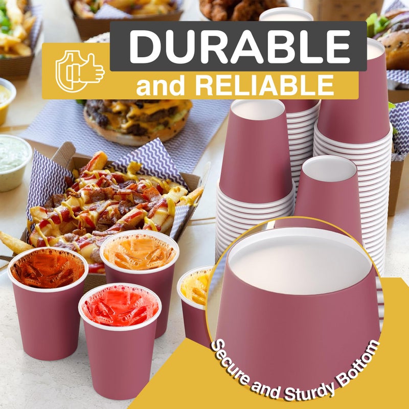 Exquisite Burgundy Paper Cups - 9 oz Disposable Coffee Cups 100 Paper Cups for Hot Drinks/Cold Cups - Durable Disposable Cups 280 GSM Hot Tea Cups & Coffee Cup To Go - Paper Party Cups - Image 2