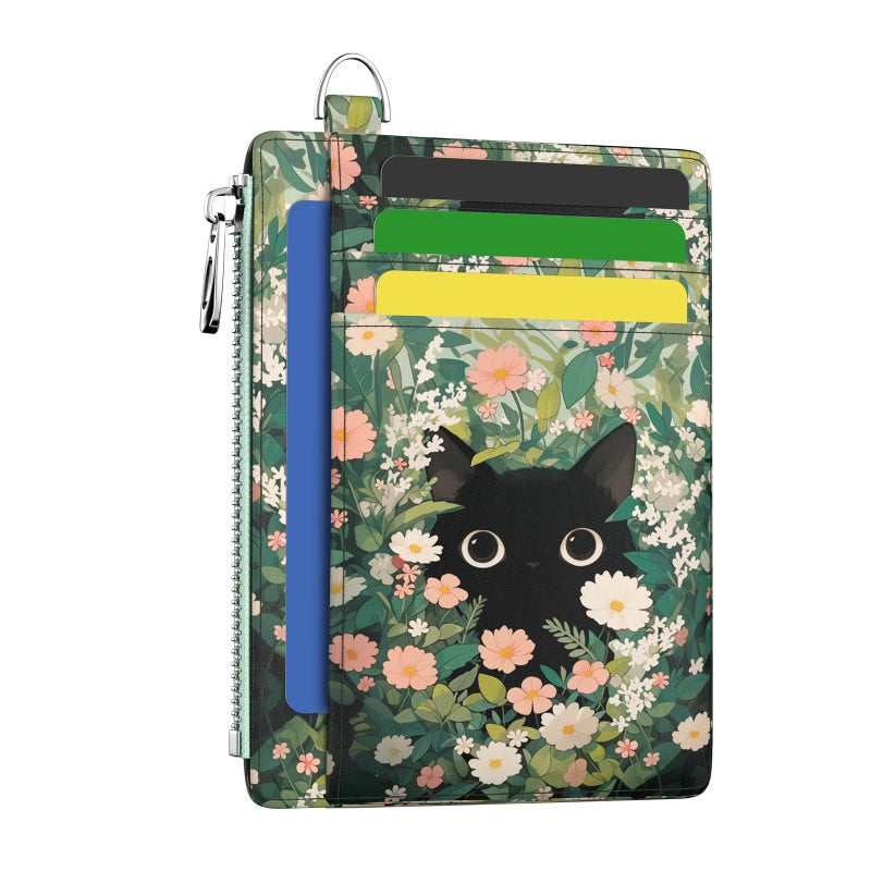 Hancynir Slim Wallet Women Credit Card Holder Cute Black Cat Floral RFID Small Mini Card Case Front Pocket PU Leather Thin Travel Zipper Coin Cash ID Window Girls Wallet Gifts - Image 1