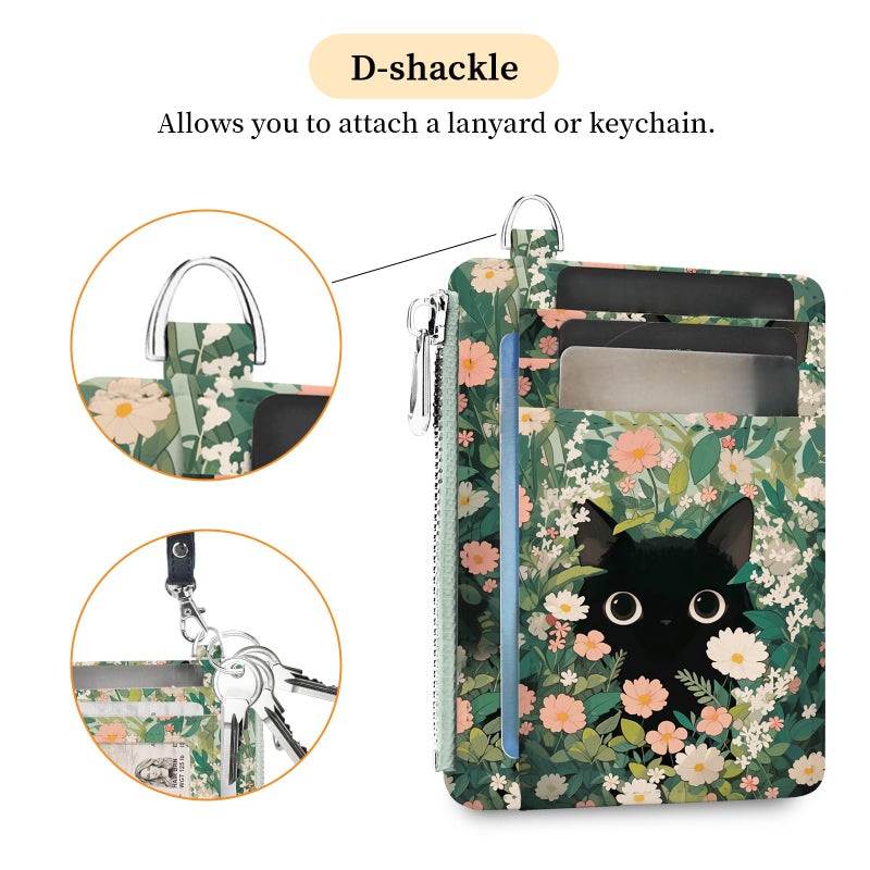 Hancynir Slim Wallet Women Credit Card Holder Cute Black Cat Floral RFID Small Mini Card Case Front Pocket PU Leather Thin Travel Zipper Coin Cash ID Window Girls Wallet Gifts - Image 5