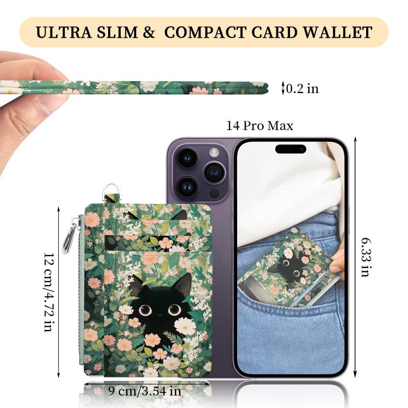 Hancynir Slim Wallet Women Credit Card Holder Cute Black Cat Floral RFID Small Mini Card Case Front Pocket PU Leather Thin Travel Zipper Coin Cash ID Window Girls Wallet Gifts - Image 2