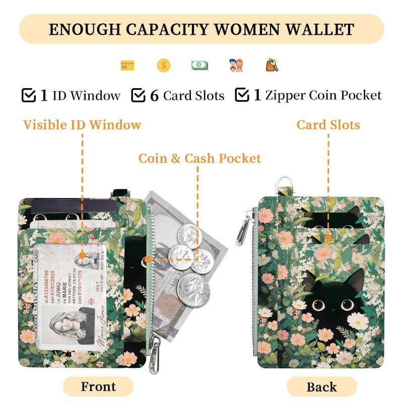 Hancynir Slim Wallet Women Credit Card Holder Cute Black Cat Floral RFID Small Mini Card Case Front Pocket PU Leather Thin Travel Zipper Coin Cash ID Window Girls Wallet Gifts - Image 3