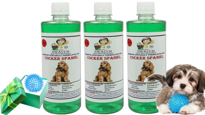 swacch Shampoo | Puppy Safe Shampoo | PH Balanced | Ditch to Itch for Cocker Spaniel Dog Shampoo 500ml Pack of 3 (Neem Alovera) + Spike Ball Chew Toy Combo Pack - Image 1