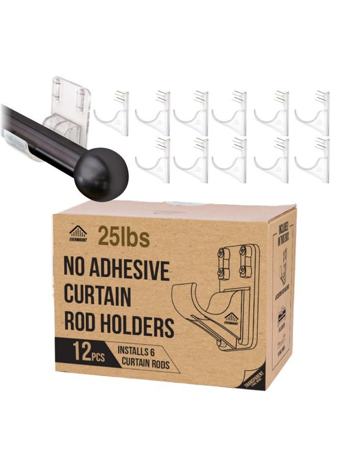 Evermount 12pcs Heavy Duty Curtain Rod Holders with Wide Hook, 5X Stronger Than Adhesive Curtain Rod Hooks, 25 LBS Tension Curtain Rod Bracket for Wall with Level and Pin Guide, Minimal Damage Curtain - Image 1