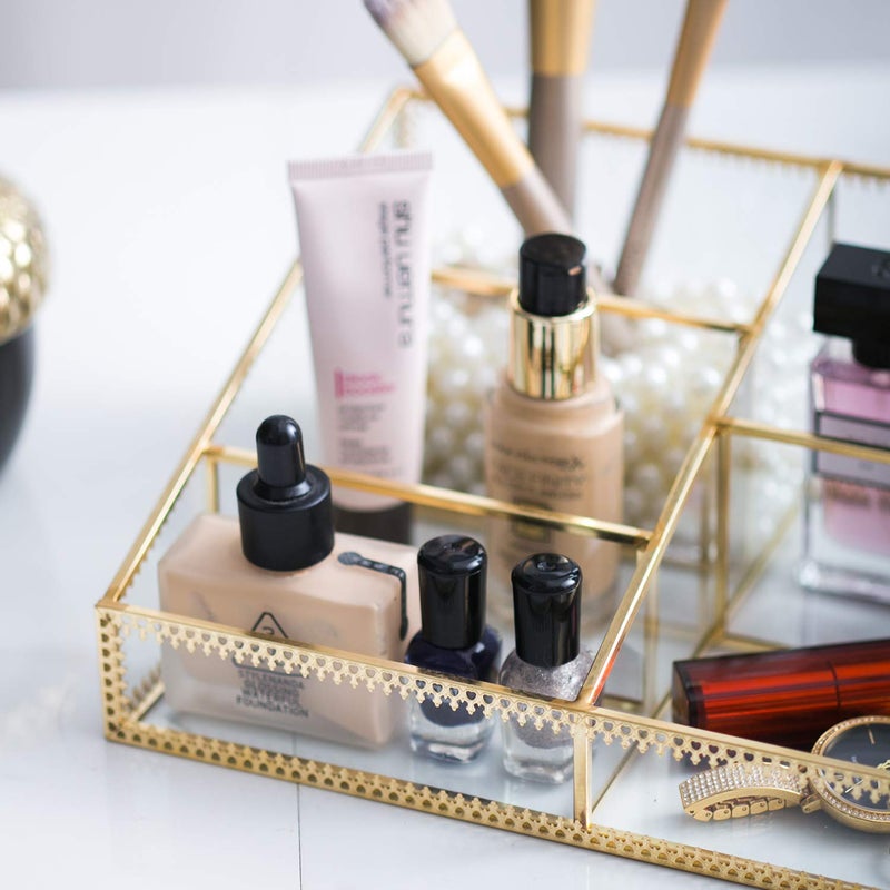 Levilan Makeup Organizer Antique Countertop Cosmetic Storage Box Glass Beauty Display, Gold Spin Large Capacity Holder for Brushes Lipsticks Skincare Toner - Image 4