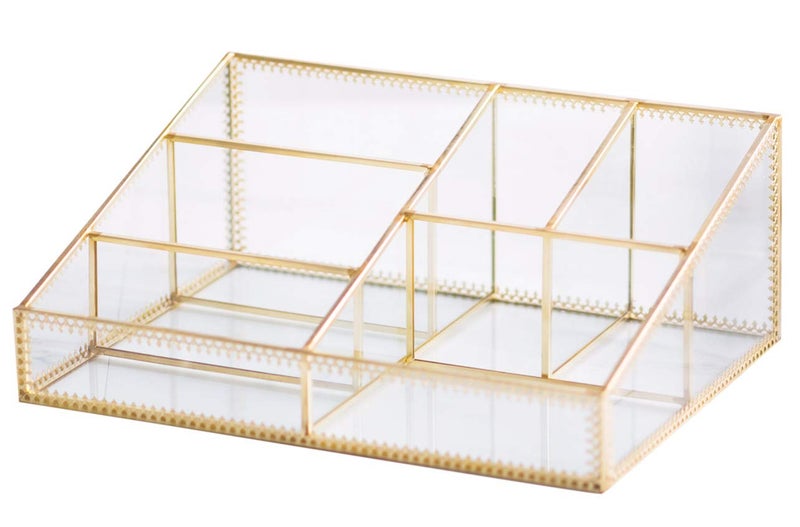 Levilan Makeup Organizer Antique Countertop Cosmetic Storage Box Glass Beauty Display, Gold Spin Large Capacity Holder for Brushes Lipsticks Skincare Toner - Image 1
