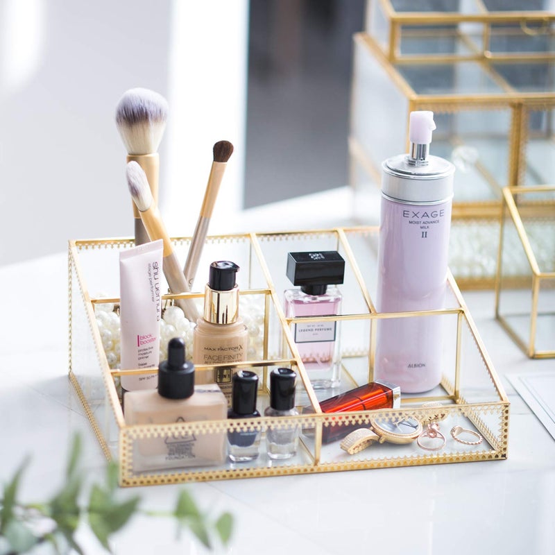 Levilan Makeup Organizer Antique Countertop Cosmetic Storage Box Glass Beauty Display, Gold Spin Large Capacity Holder for Brushes Lipsticks Skincare Toner - Image 2