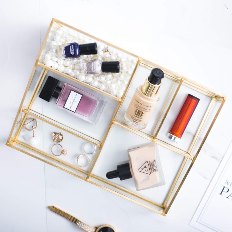 Levilan Makeup Organizer Antique Countertop Cosmetic Storage Box Glass Beauty Display, Gold Spin Large Capacity Holder for Brushes Lipsticks Skincare Toner - Image 5