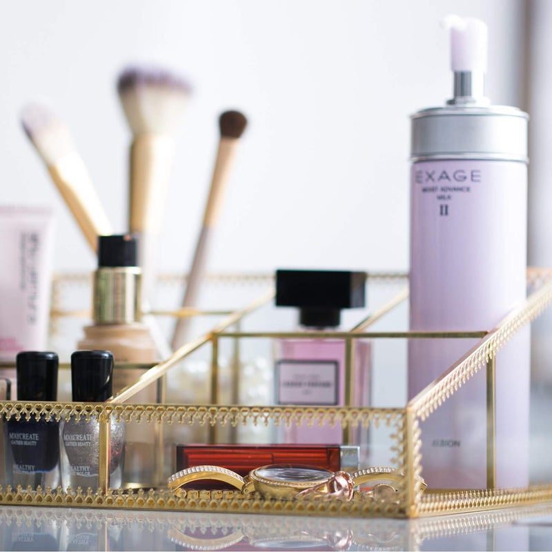 Levilan Makeup Organizer Antique Countertop Cosmetic Storage Box Glass Beauty Display, Gold Spin Large Capacity Holder for Brushes Lipsticks Skincare Toner - Image 3