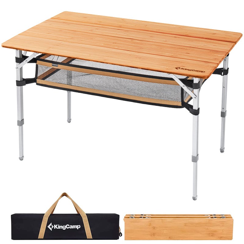 KingCamp Adjustable Height Folding Table 4Fold Bamboo Camping Outdoor Portable RV Camp Table with Carry Bag  Storage for Outdoor Car Backyard Picnic Tailgating Beach