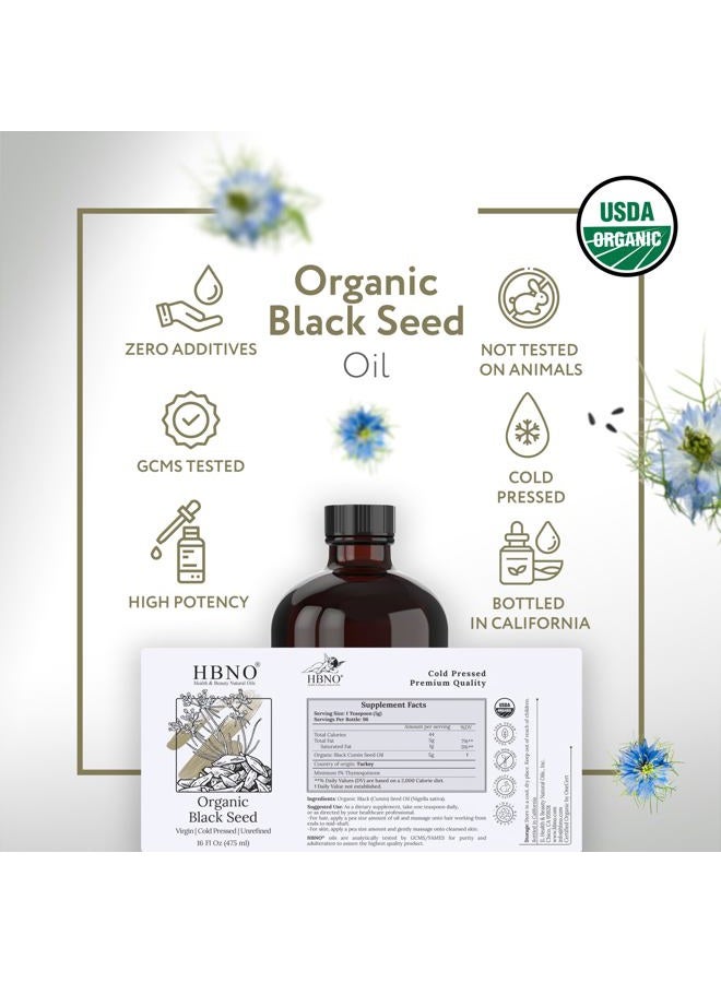hbno Organic Black Seed Oil - Huge 16 oz (475ml) Glass Bottle Value Size - USDA Certified Organic Black Seed Oil, Cold Pressed for Face, Body, Lips, Shampoo & Conditioner - Image 4
